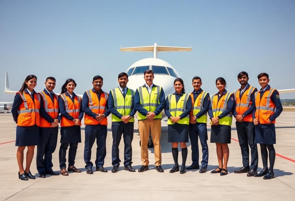 Airline ground staff and cabin crew standing in front of an aircraft