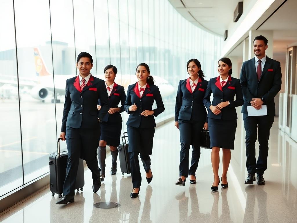Trained cabin crew and ground staff walking through an airport terminal